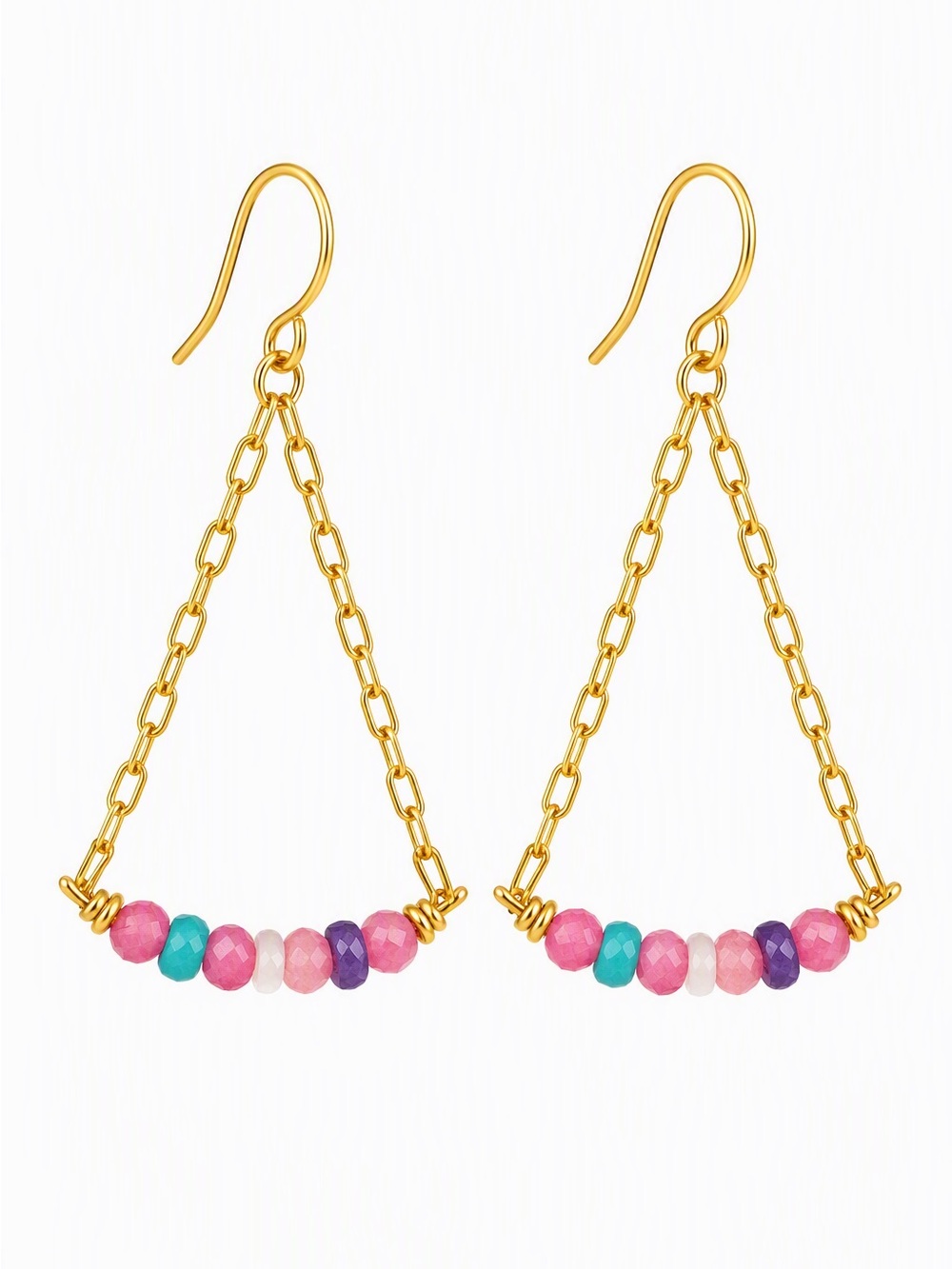 Gold plated quartz, Jasper, agate and dyed pink Jade dangling earrings.